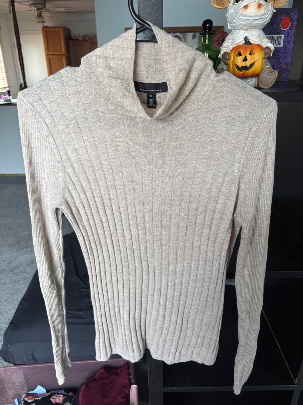 White House Black Market Ribbed Cowl Neck Sweater in Light Beige